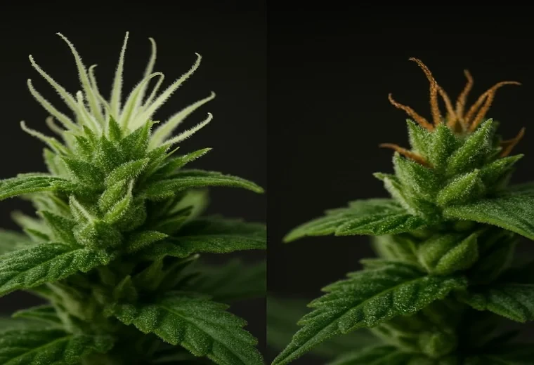 Segnali di impollinazione: pistilli scuri e calici rigonfi nelle cime di cannabis