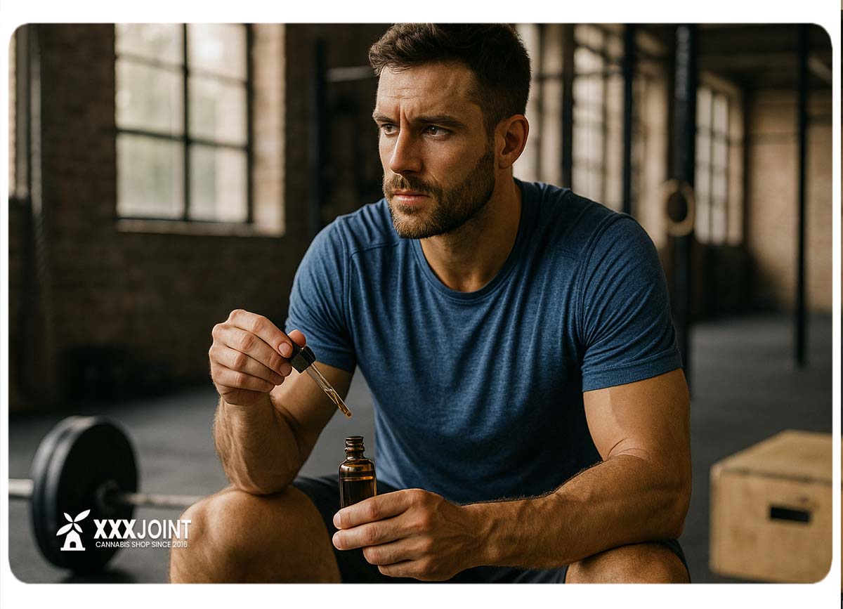 CBD e allenamento: uomo in palestra con olio sublinguale