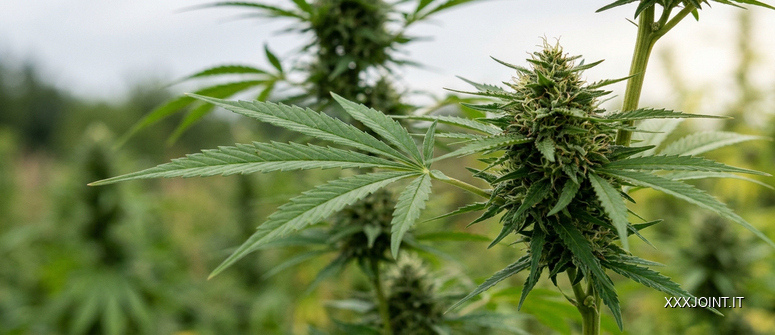 Infiorescenza matura di cannabis ancora unita al fusto, affiancata da una grande foglia seghettata.