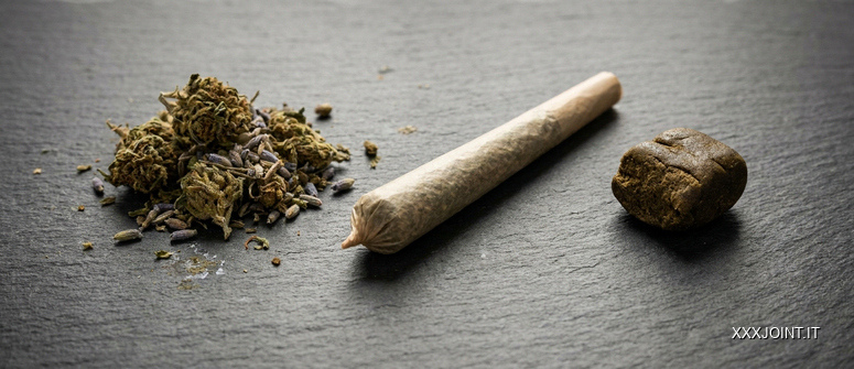 Infiorescenze essiccate, una canna spenta e un frammento di hashish separati su una lastra di ardesia.