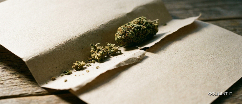 Infiorescenza essiccata e frammenti di cannabis nella piega di un foglio di carta non sbiancata.
