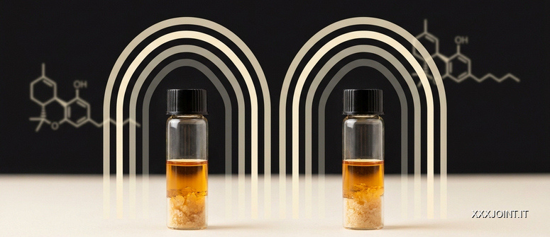 Due campioni cannabinoidi con indicatori visivi neutri per confrontare intensità ed effetti di THC e HHC.