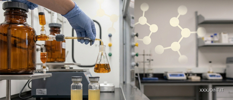 Tecnico durante una fase controllata di sintesi e produzione con due campioni di THC e HHC.
