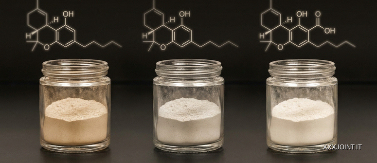 Tre campioni cannabinoidi affiancati per il confronto tra THC, HHC e THCA.