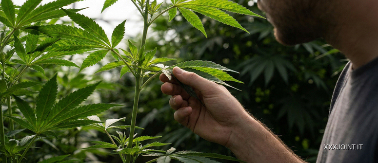 Una mano adulta osserva il lato inferiore di una foglia di cannabis ancora unita alla pianta.
