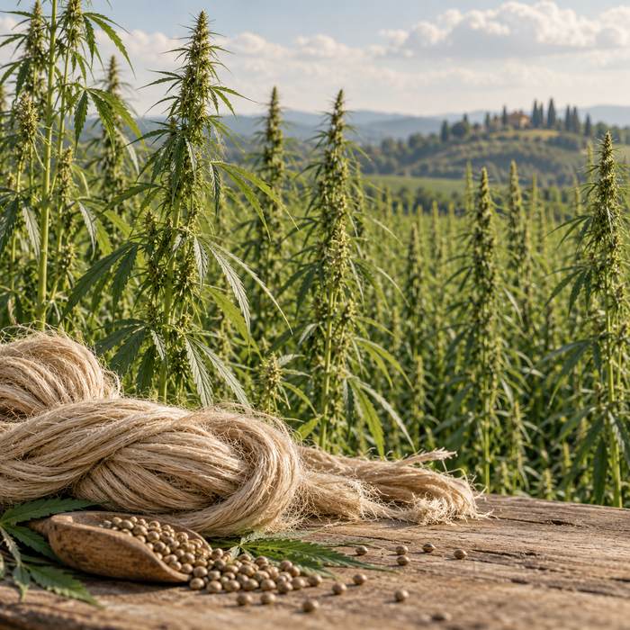 Campo di canapa sativa con fibre naturali e semi di canapa su un tavolo in legno