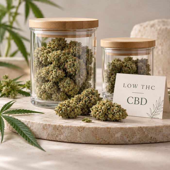 Barattoli di infiorescenze di cannabis light con cartellino Low THC e CBD