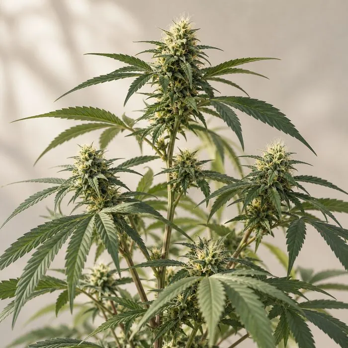Pianta di cannabis in fioritura con foglie seghettate e infiorescenze sui rami
