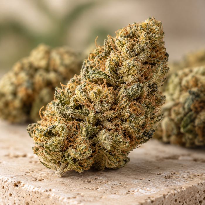 Infiorescenza essiccata di marijuana in macro, con tricomi e pistilli ambrati