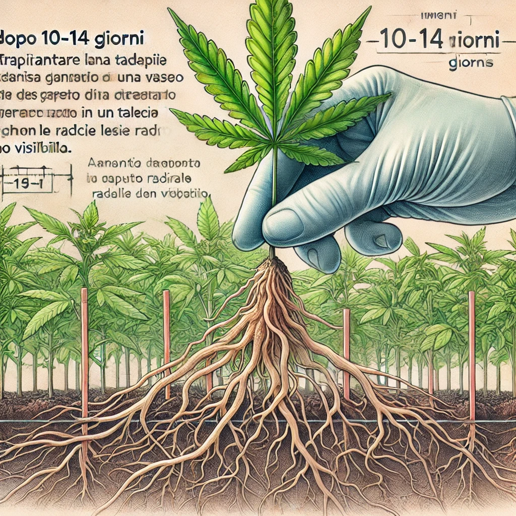 Talea di cannabis con radici sviluppate pronta per il trapianto