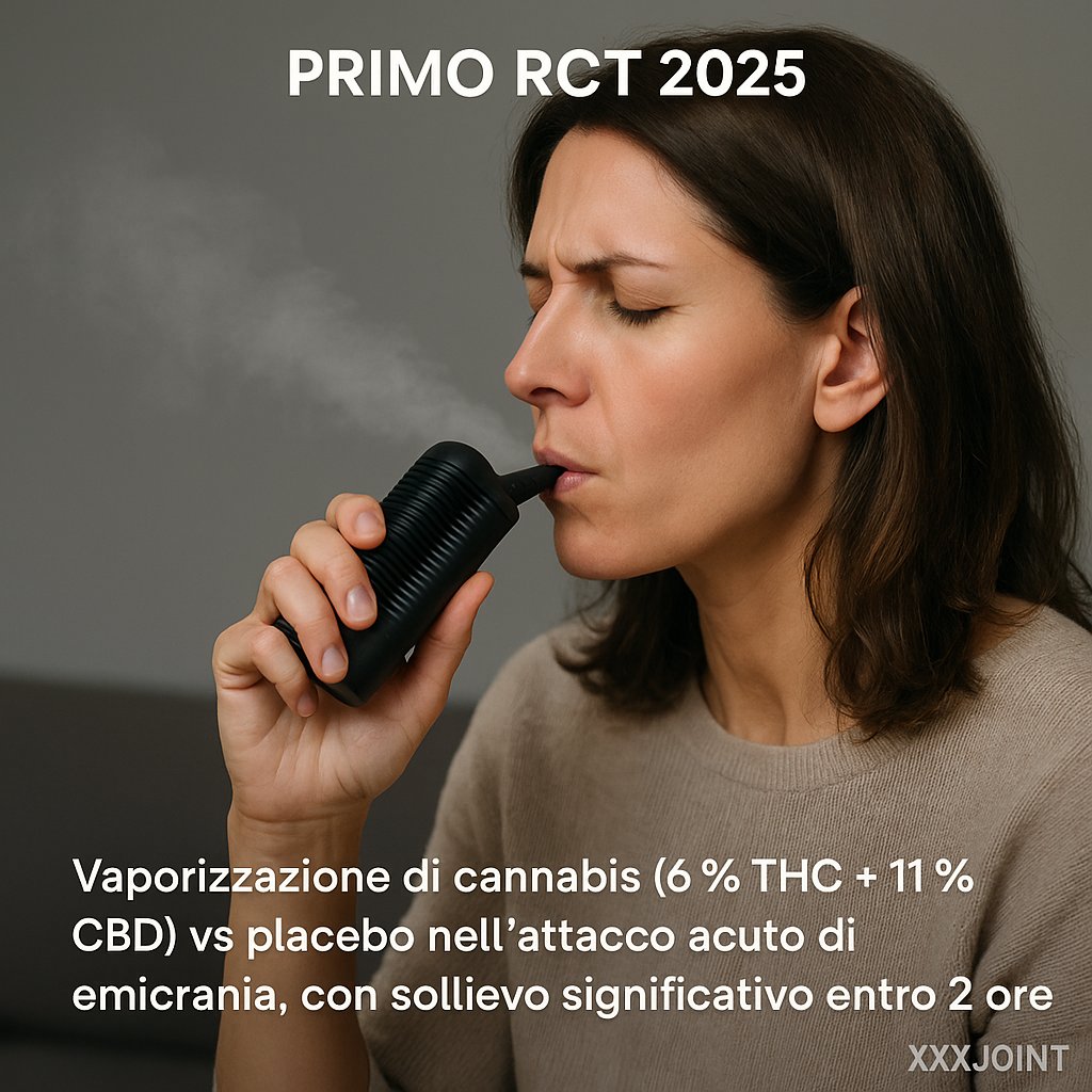 Trial clinico 2025: vaporizzazione di cannabis 6% THC e 11% CBD per emicrania acuta con schema in 4 puff